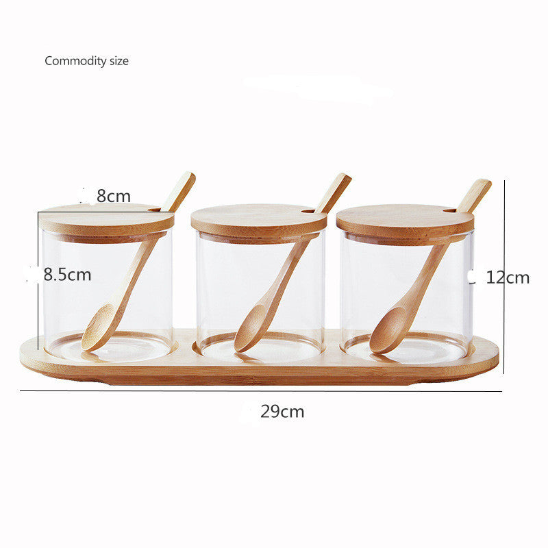 3er Set Gewürzgläser aus Glas mit Bambusdeckel und Löffel – inklusive Bambusablage