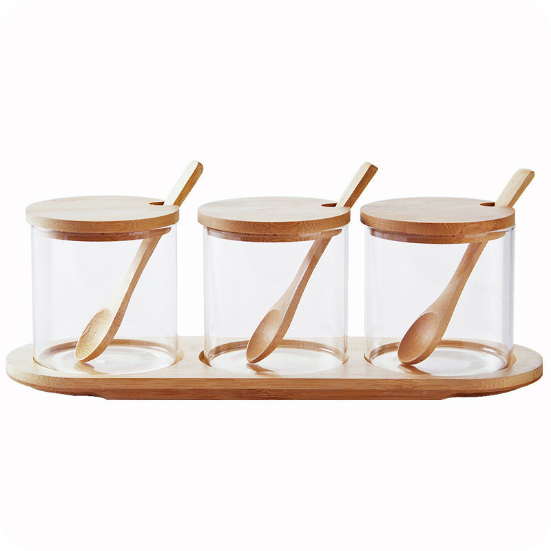 3er Set Gewürzgläser aus Glas mit Bambusdeckel und Löffel – inklusive Bambusablage
