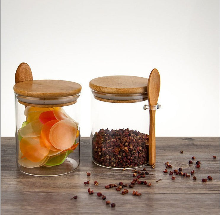 3er Set Gewürzgläser aus Glas mit Bambusdeckel und Löffel – inklusive Bambusablage