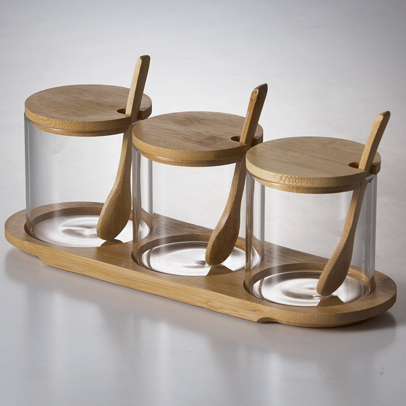 3er Set Gewürzgläser aus Glas mit Bambusdeckel und Löffel – inklusive Bambusablage