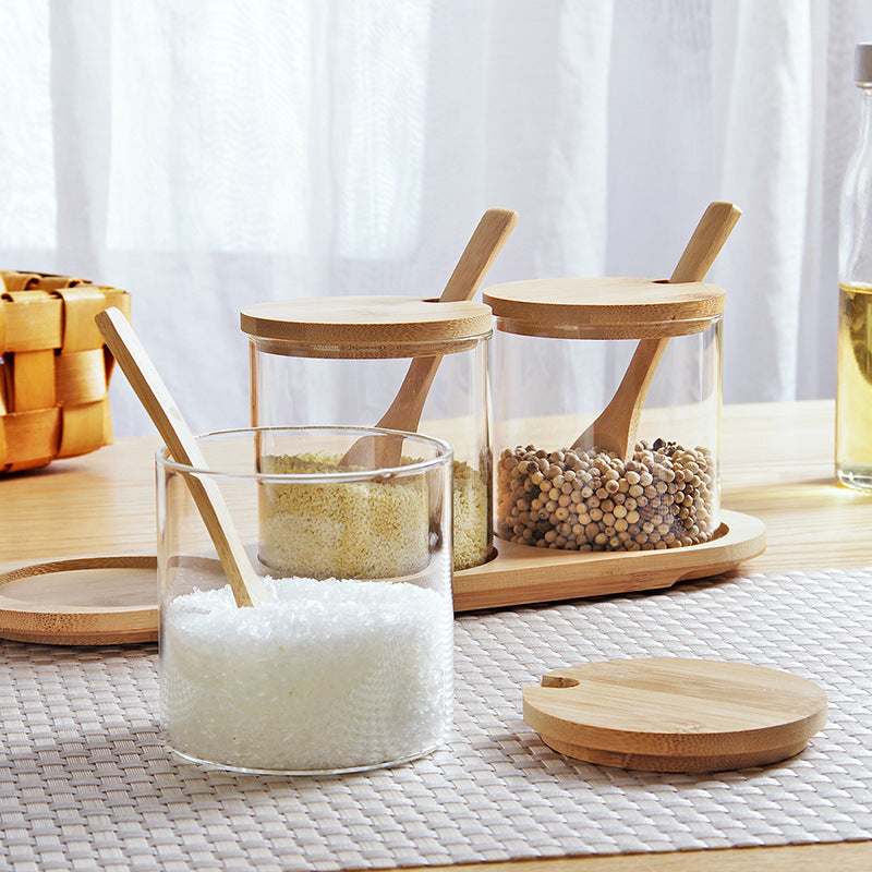 3er Set Gewürzgläser aus Glas mit Bambusdeckel und Löffel – inklusive Bambusablage
